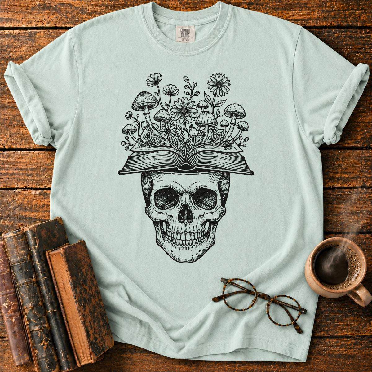 Skull Book Mushroom Wildflowers T-Shirt