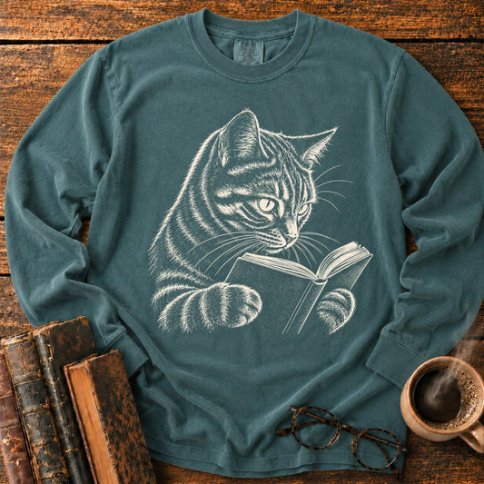Tabby Cat Reading LS T-Shirt