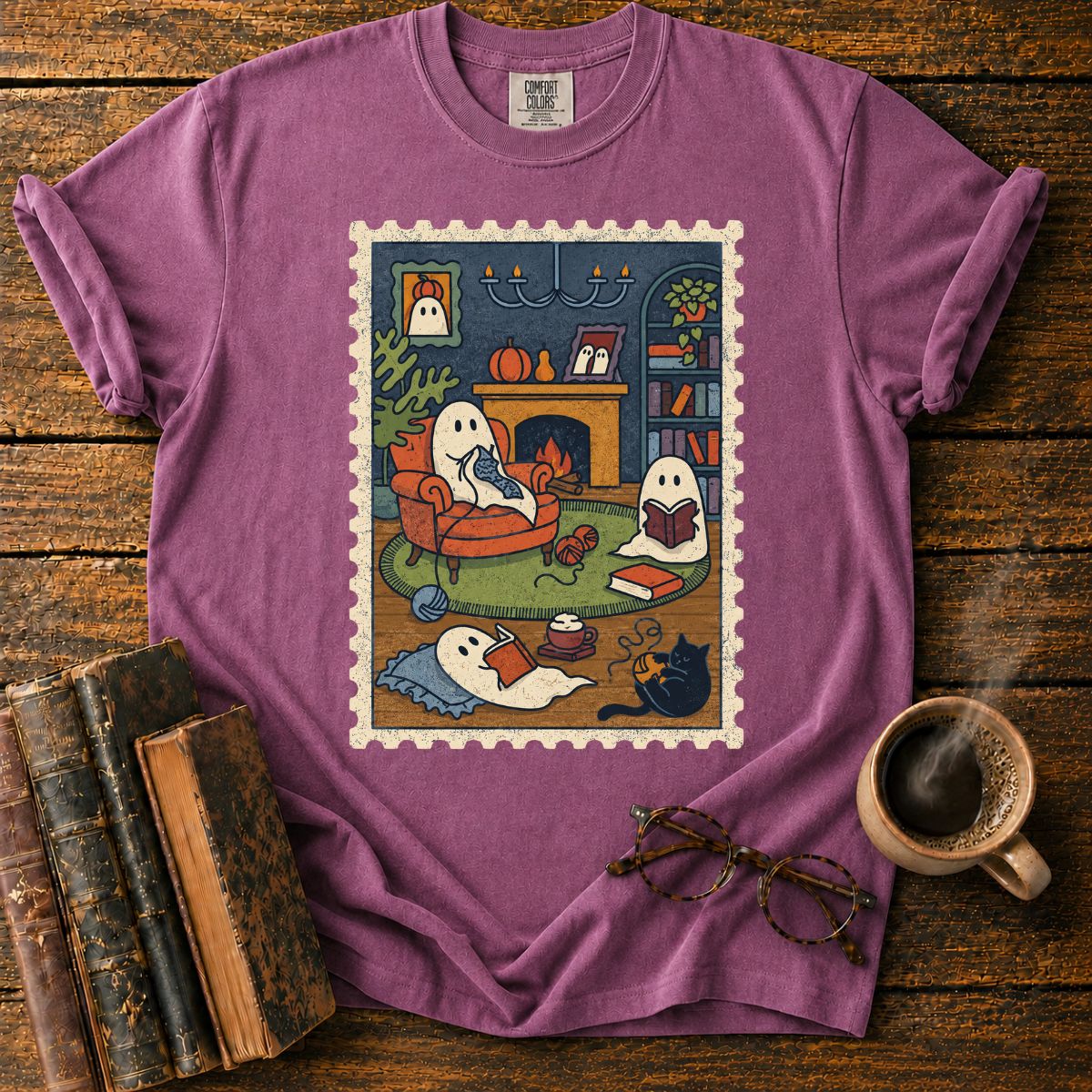 Cozy Ghost Reading Stamp T-Shirt