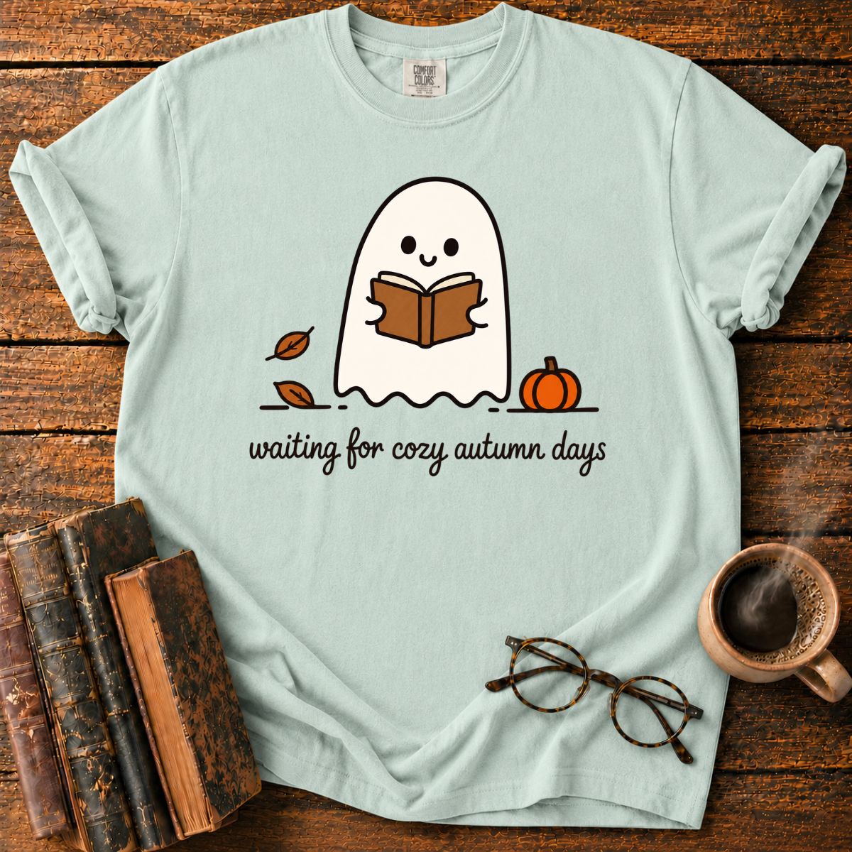 Cozy Ghost Reading Among Autumn Leaves T-Shirt