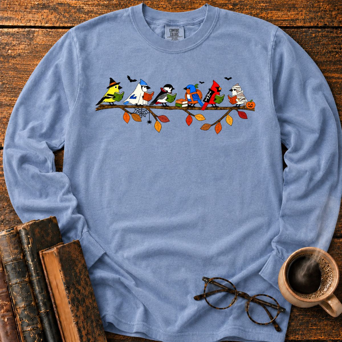 Halloween Birds Reading LS T-Shirt