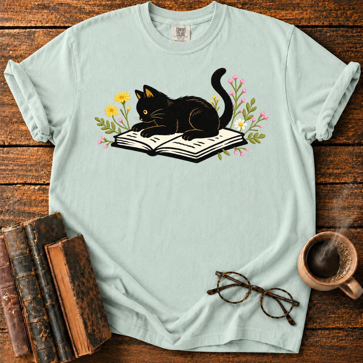 Cat Reading Among Flowers T-Shirt