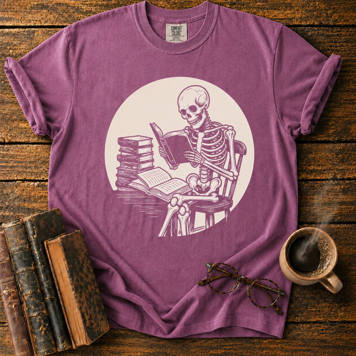 Skeleton Reading Under Moonlight T-Shirt
