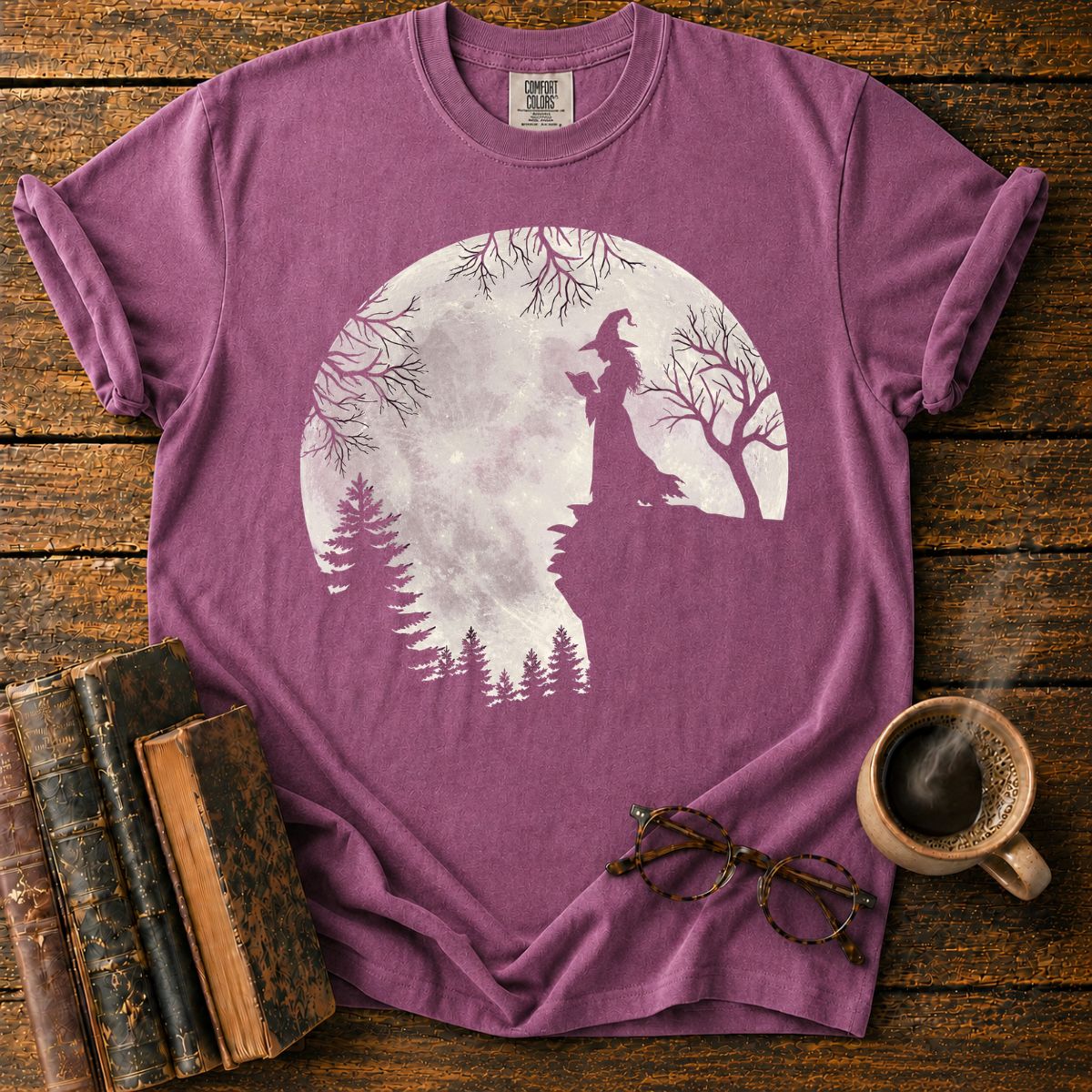 Moonlit Witch Reading on a Rocky Cliff T-Shirt