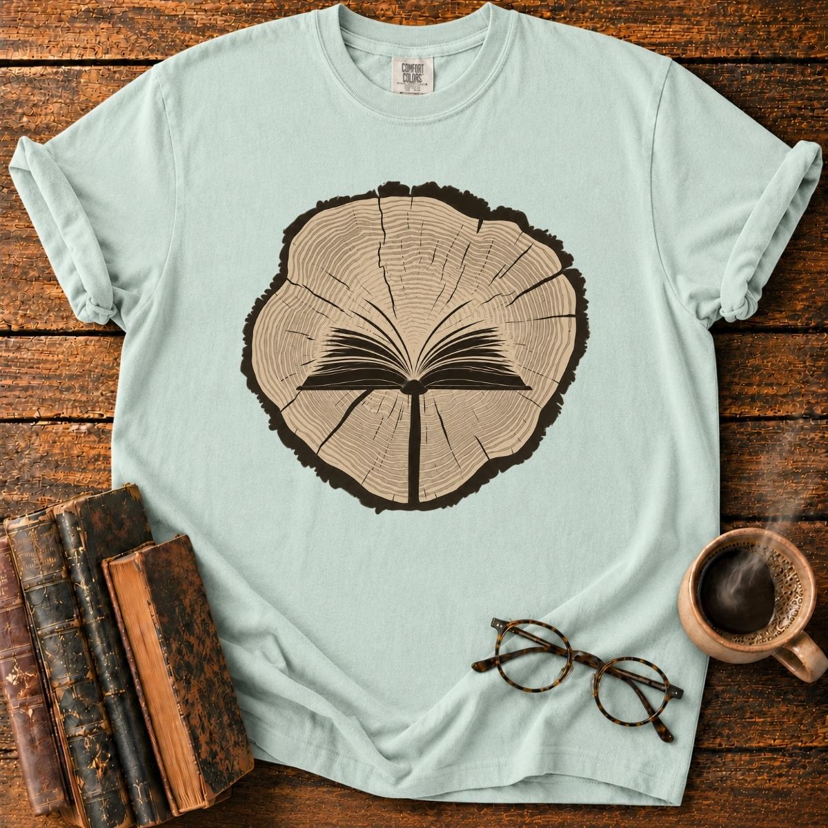 Open Book in a Wood Slice T-Shirt