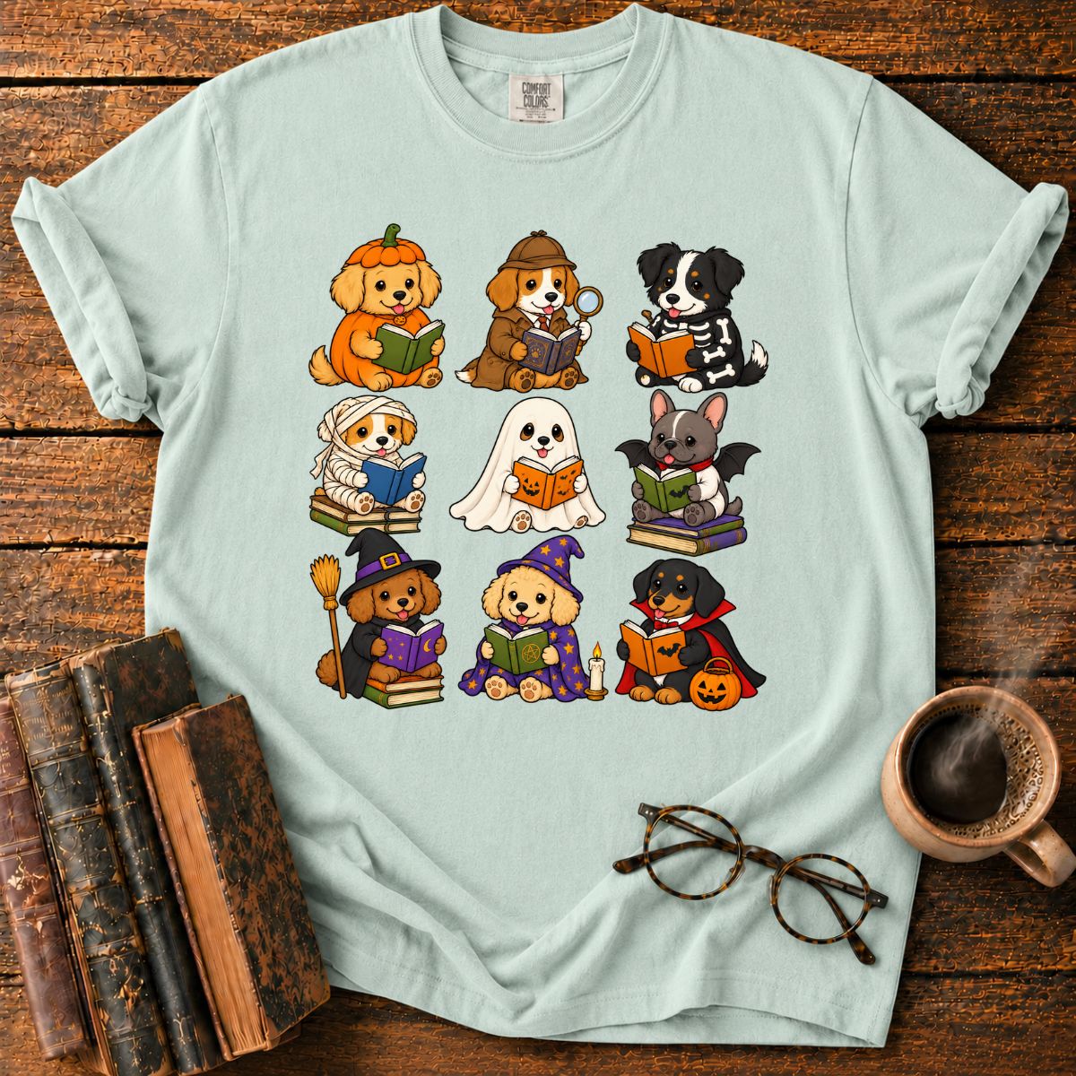 Kawaii Halloween Dogs Reading T-Shirt