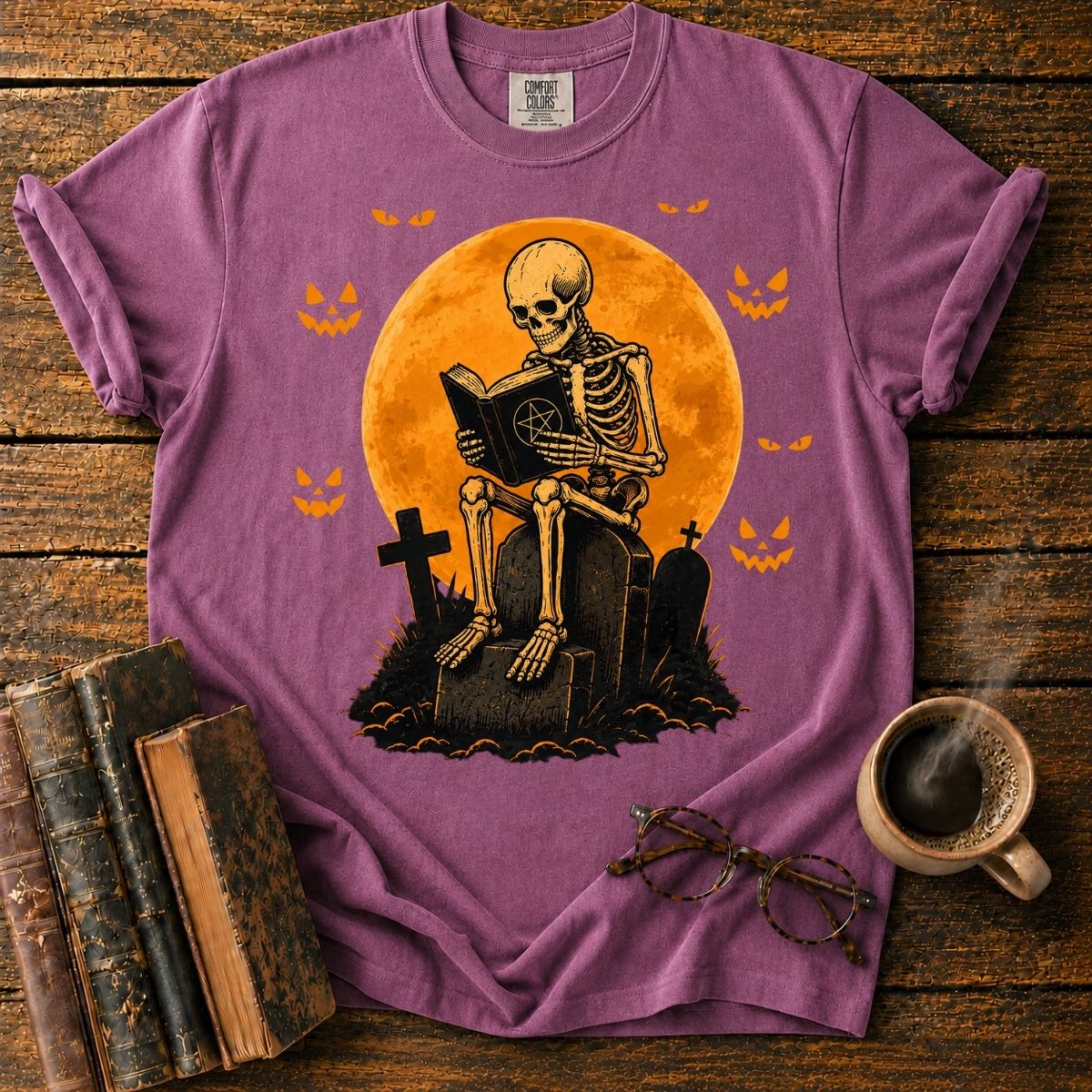 Skeleton Reading Beneath the Pumpkin Moon T-Shirt