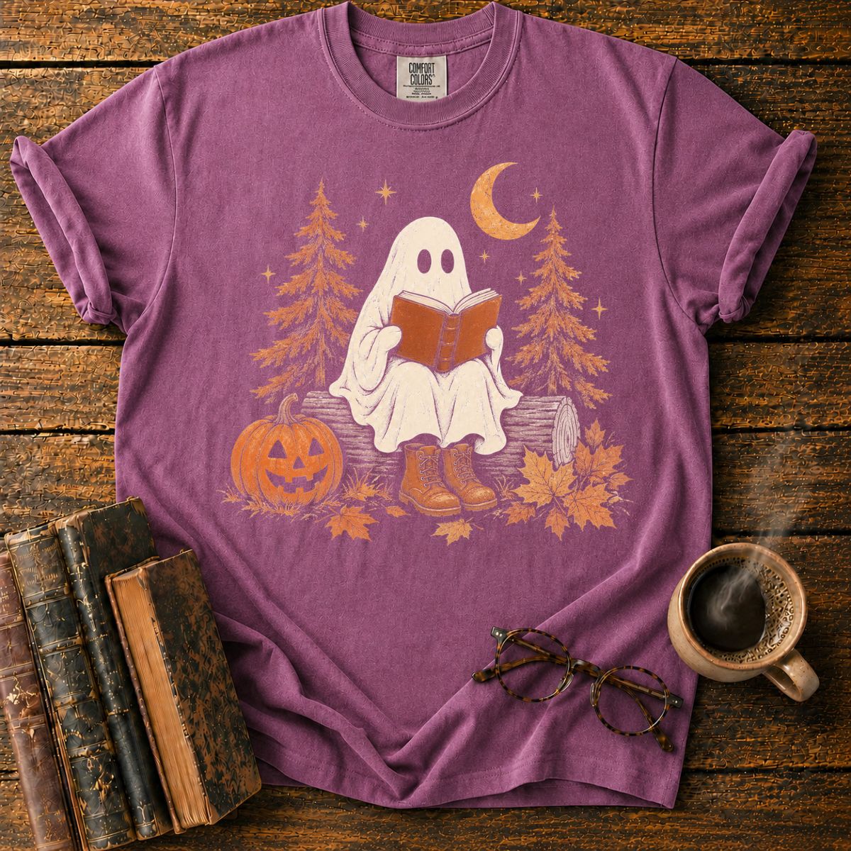 Cozy Ghost Reading Under the Moon T-Shirt