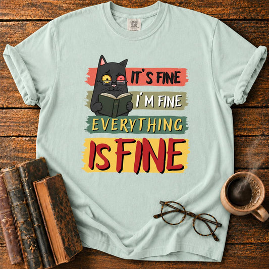 Anxious Cat Reading_ Everything Is Fine T-Shirt