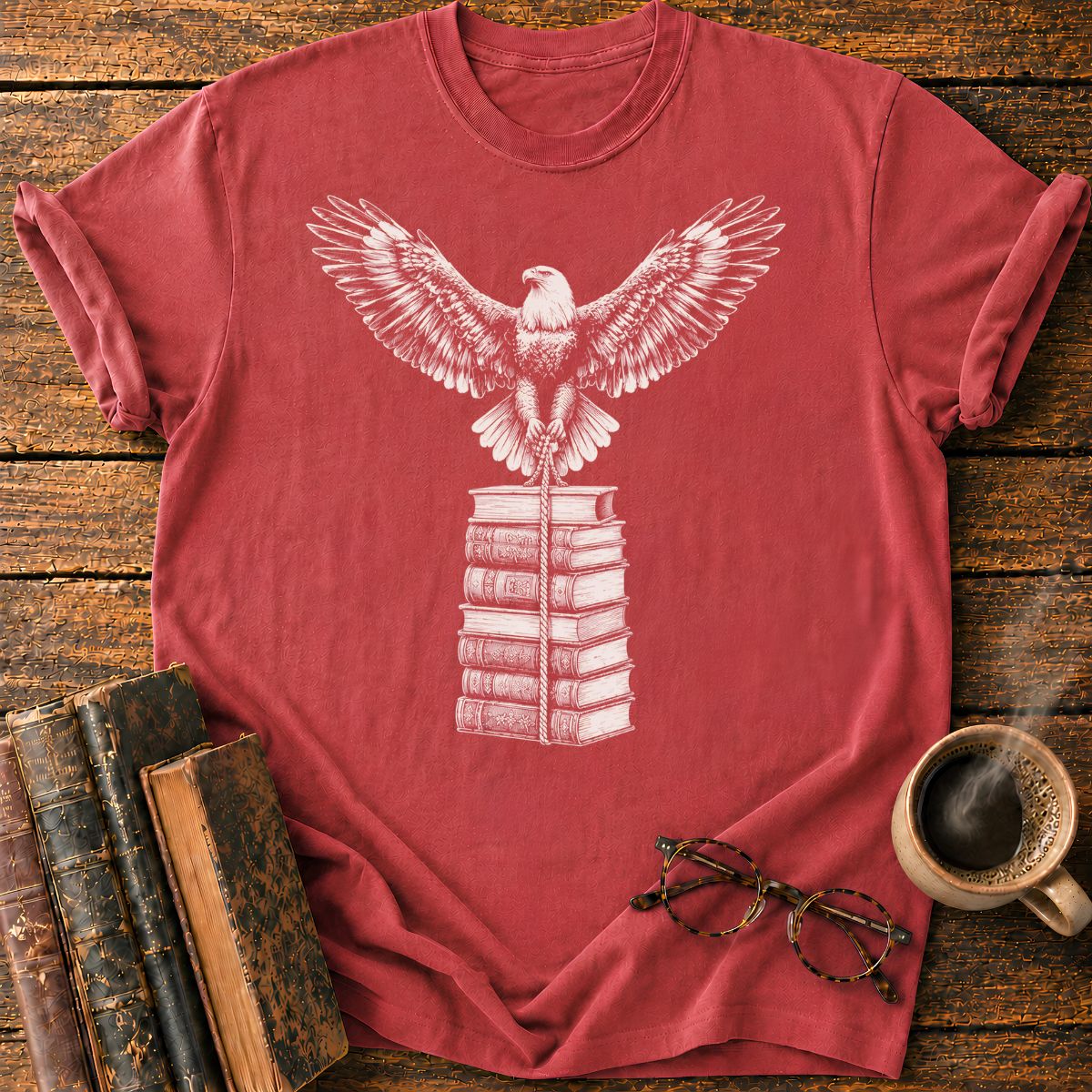 Engraved Eagle Over Bound Books T-Shirt