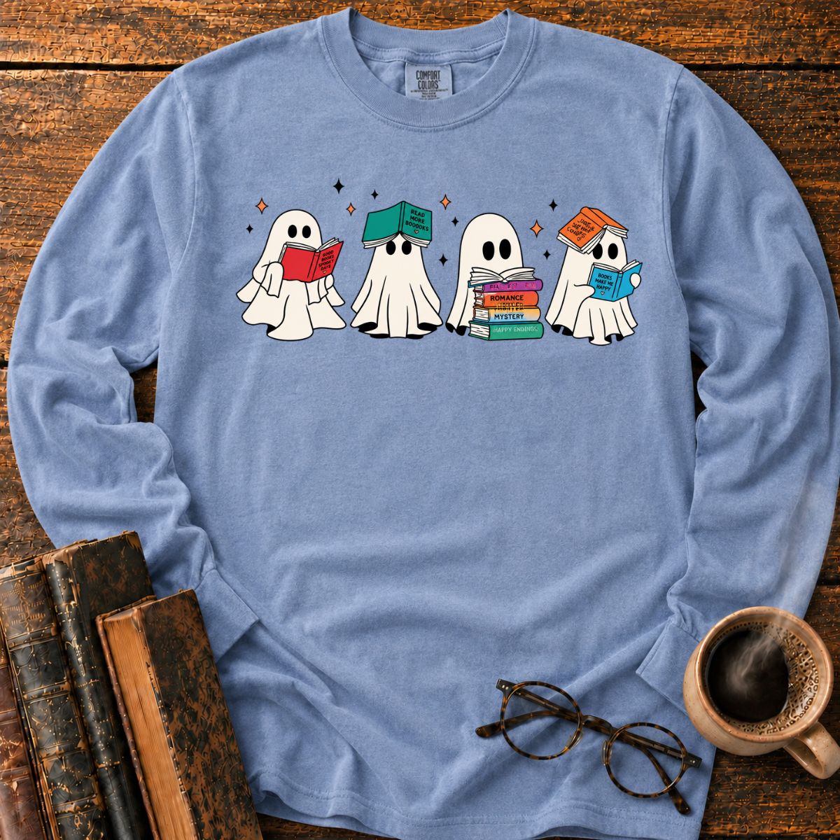 Cute Ghosts Reading Books LS T-Shirt