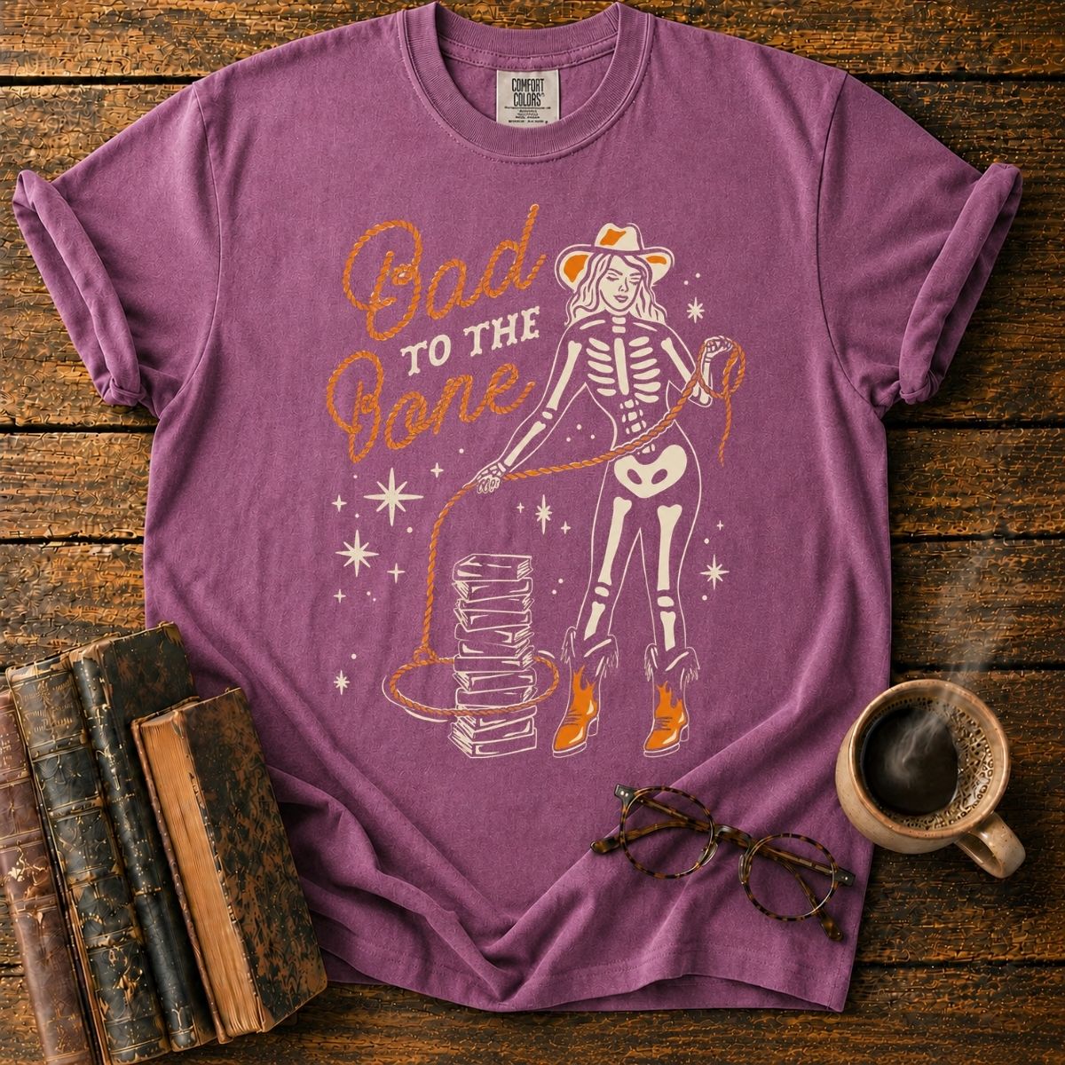 Retro Skeleton Cowgirl and Books T-Shirt