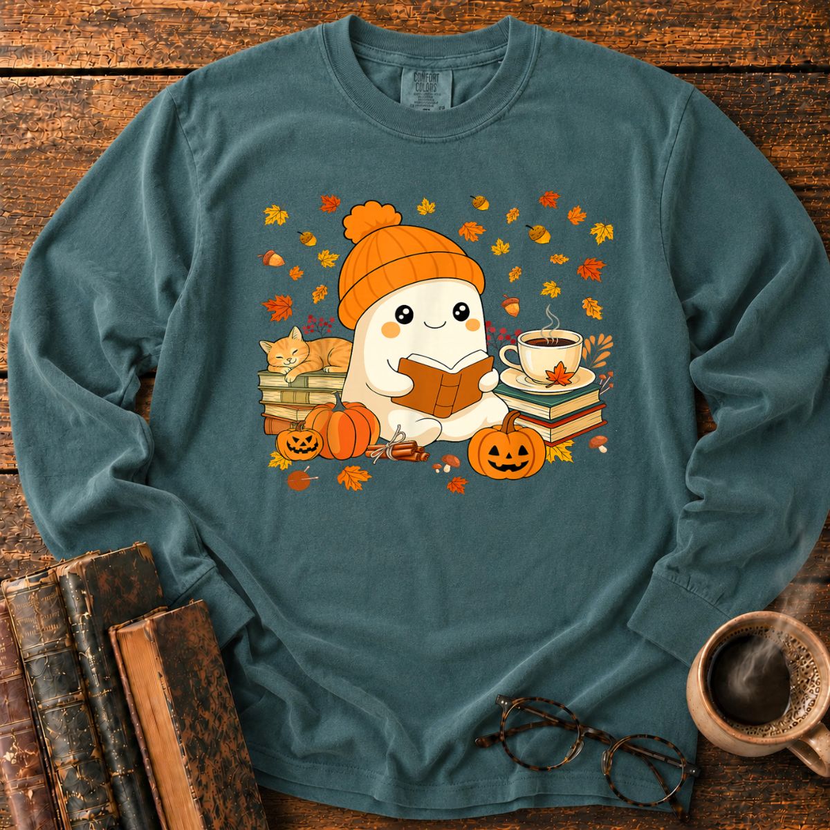 Cute Ghost Reading Book Halloween Long Sleeve T-Shirt