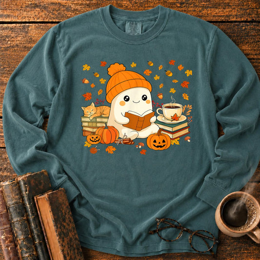 Cute Ghost Reading Book Halloween Long Sleeve T-Shirt