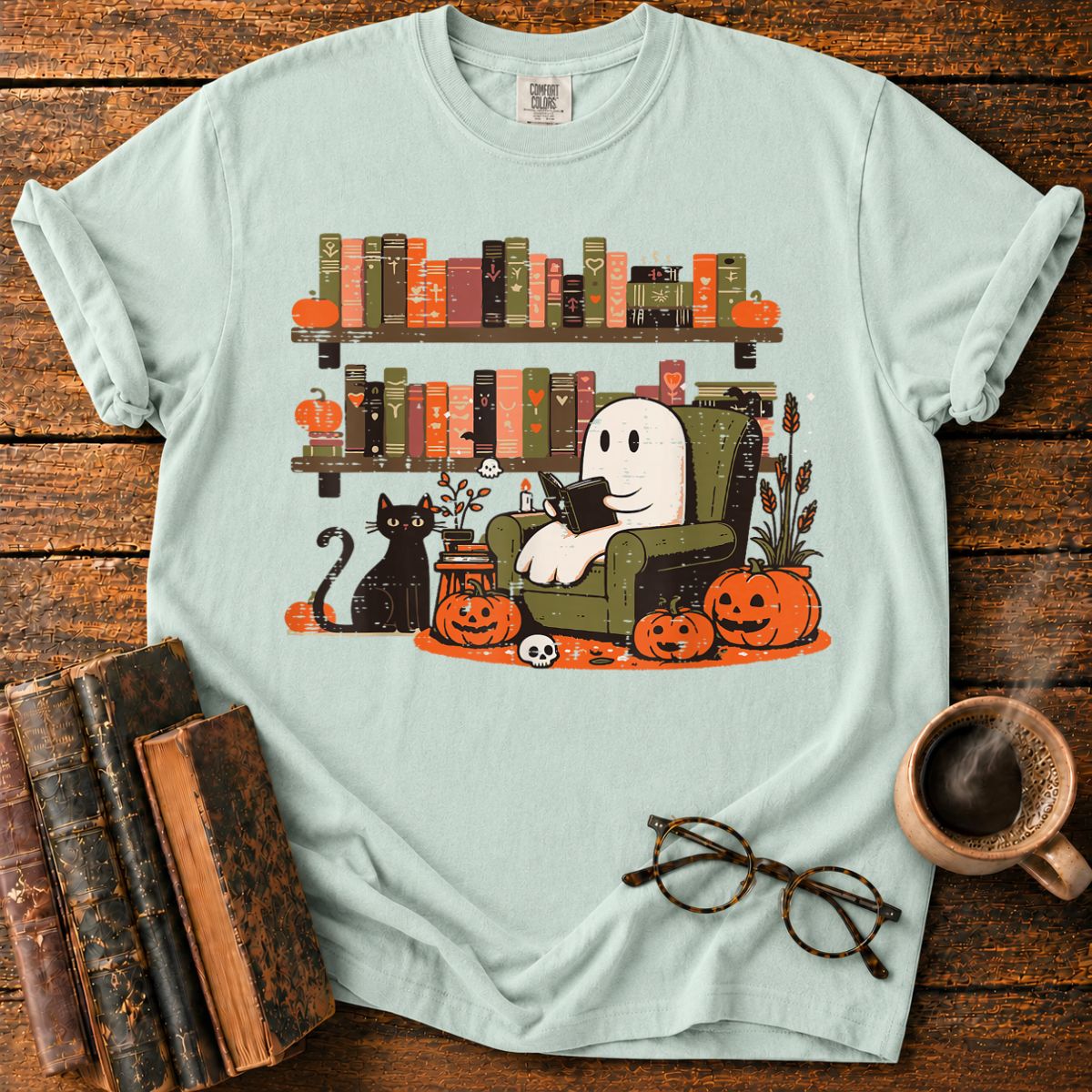 Ghost Library Reading Books Halloween T-Shirt