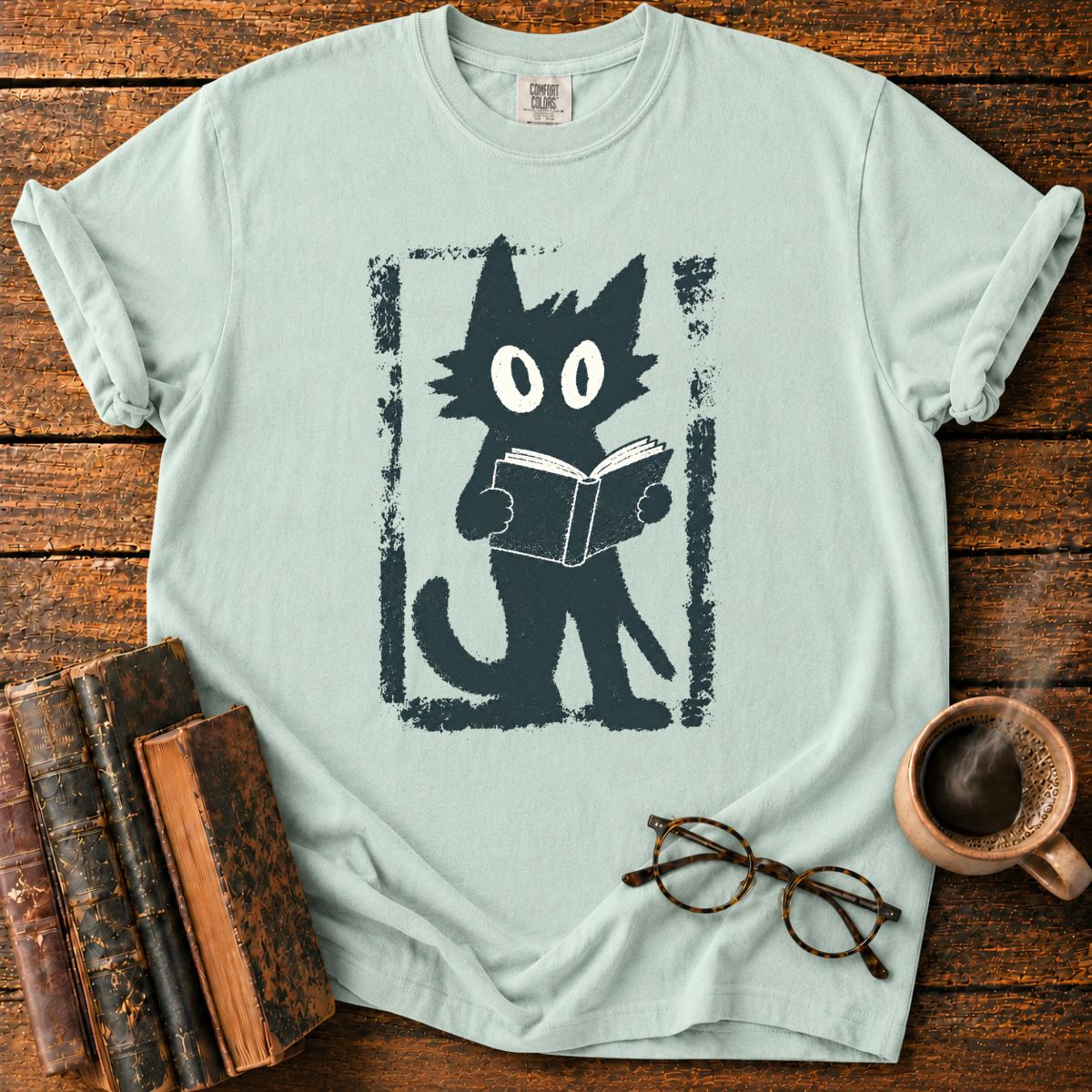 Vintage Cat Reading Screen Print T-Shirt