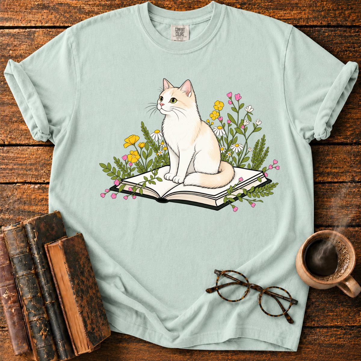 Cat Reading Among Flowers T-Shirt