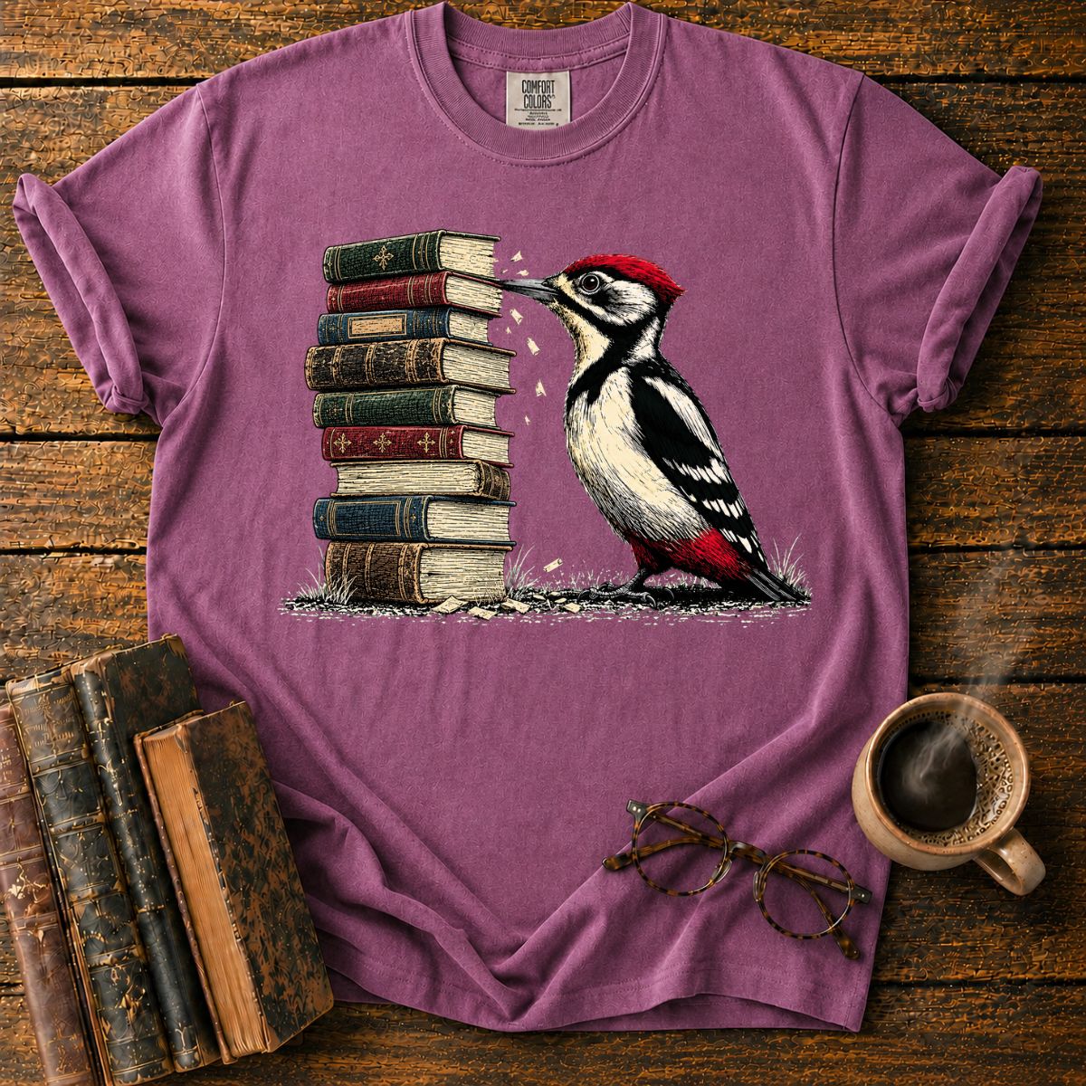 Woodpecker Pecks a Book Stack T-Shirt