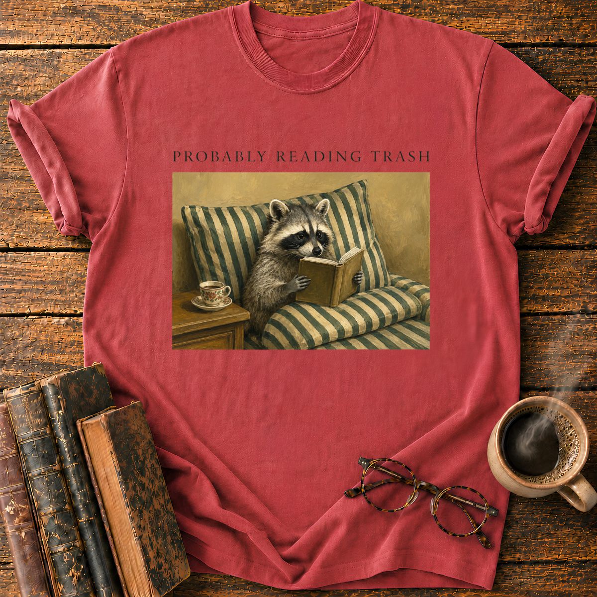 Raccoon Reading in Striped Comfort T-Shirt