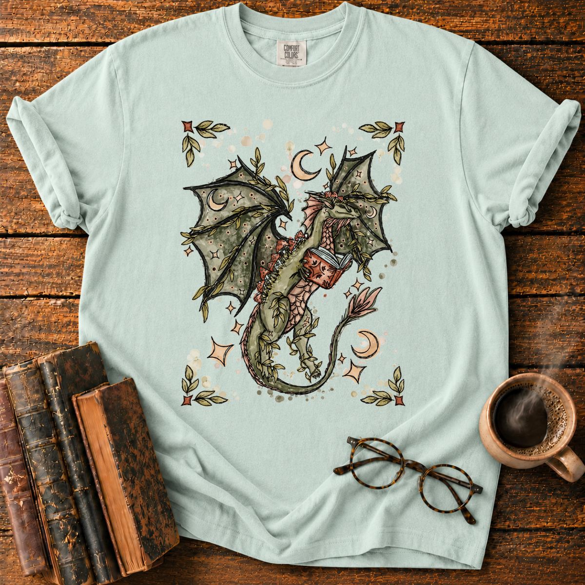 Whimsical Dragon Reading Among Stars T-Shirt
