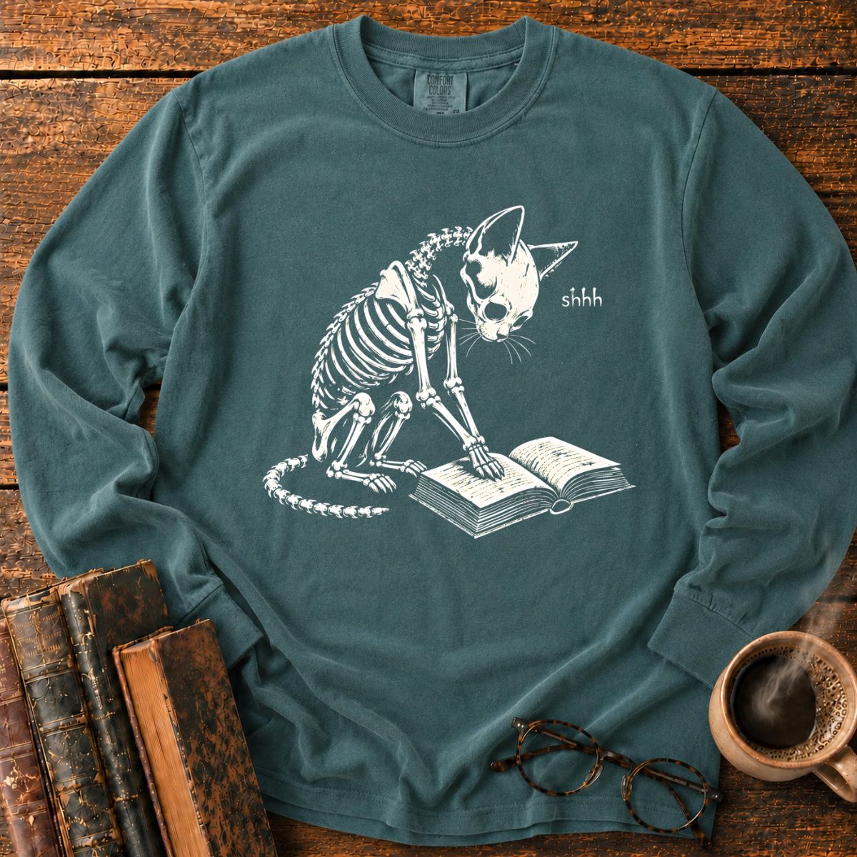 Shhh Skeleton Cat Reading LS T-Shirt
