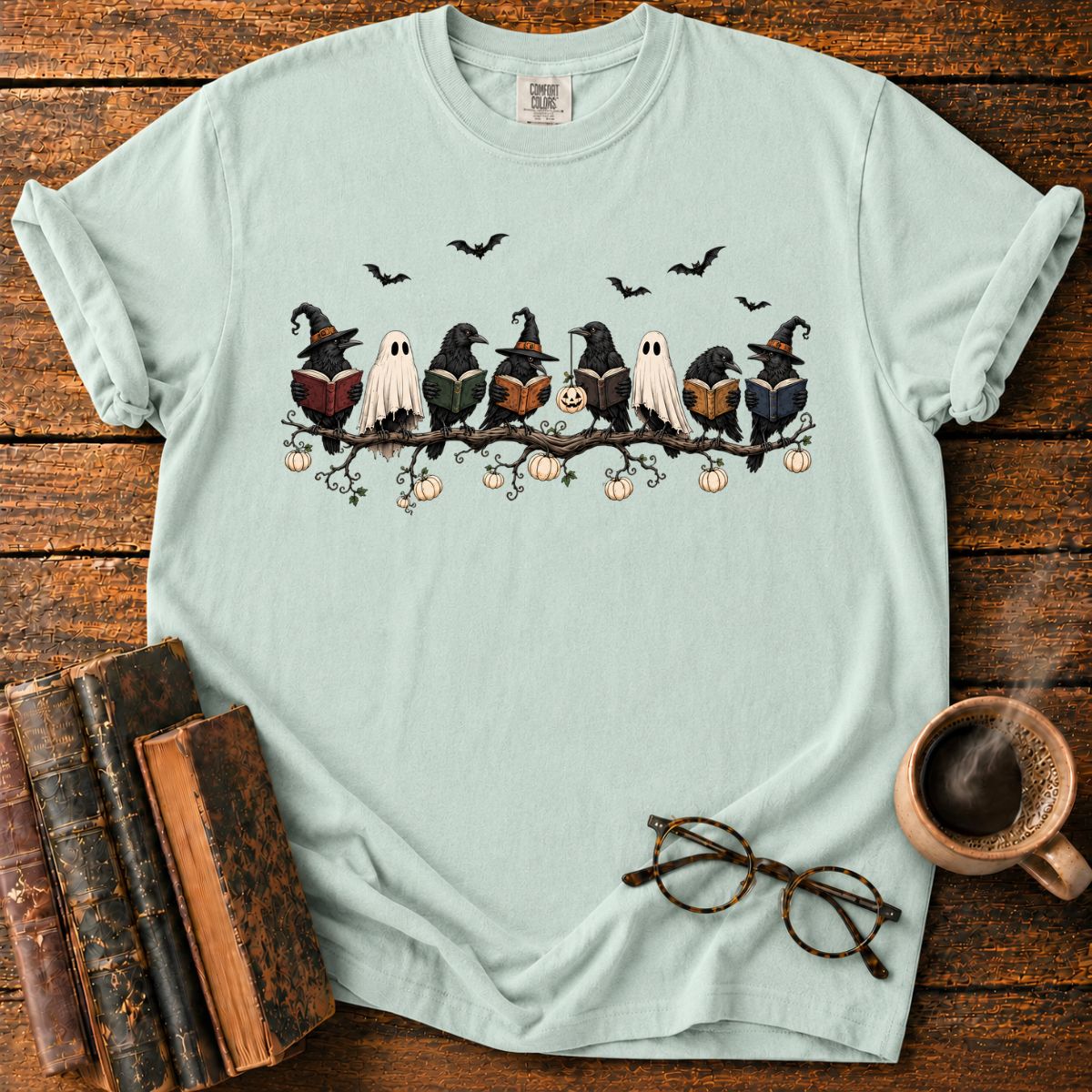 Ravens and Ghosts Reading on Halloween Branch T-Shirt