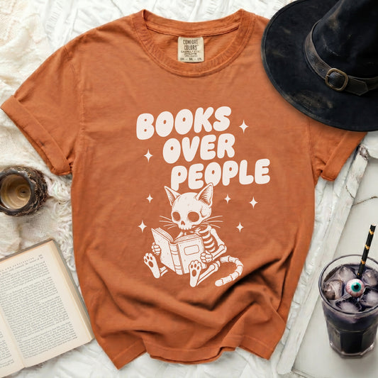 Spooky Cute Bookworm Skeleton Cat Tee