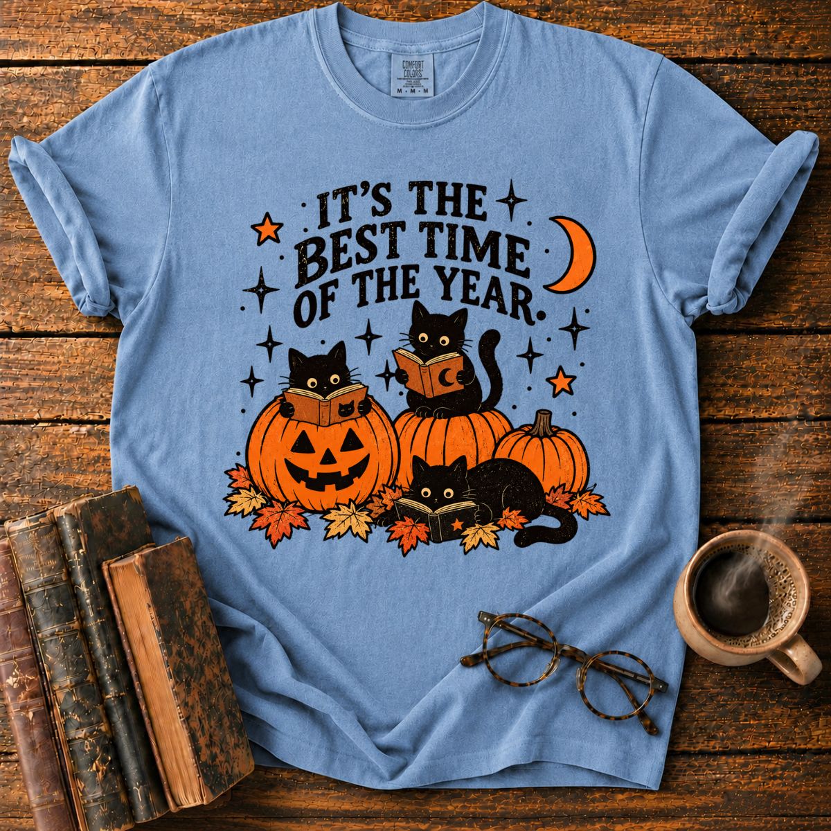 Black Cats Reading Pumpkin Halloween T-Shirt