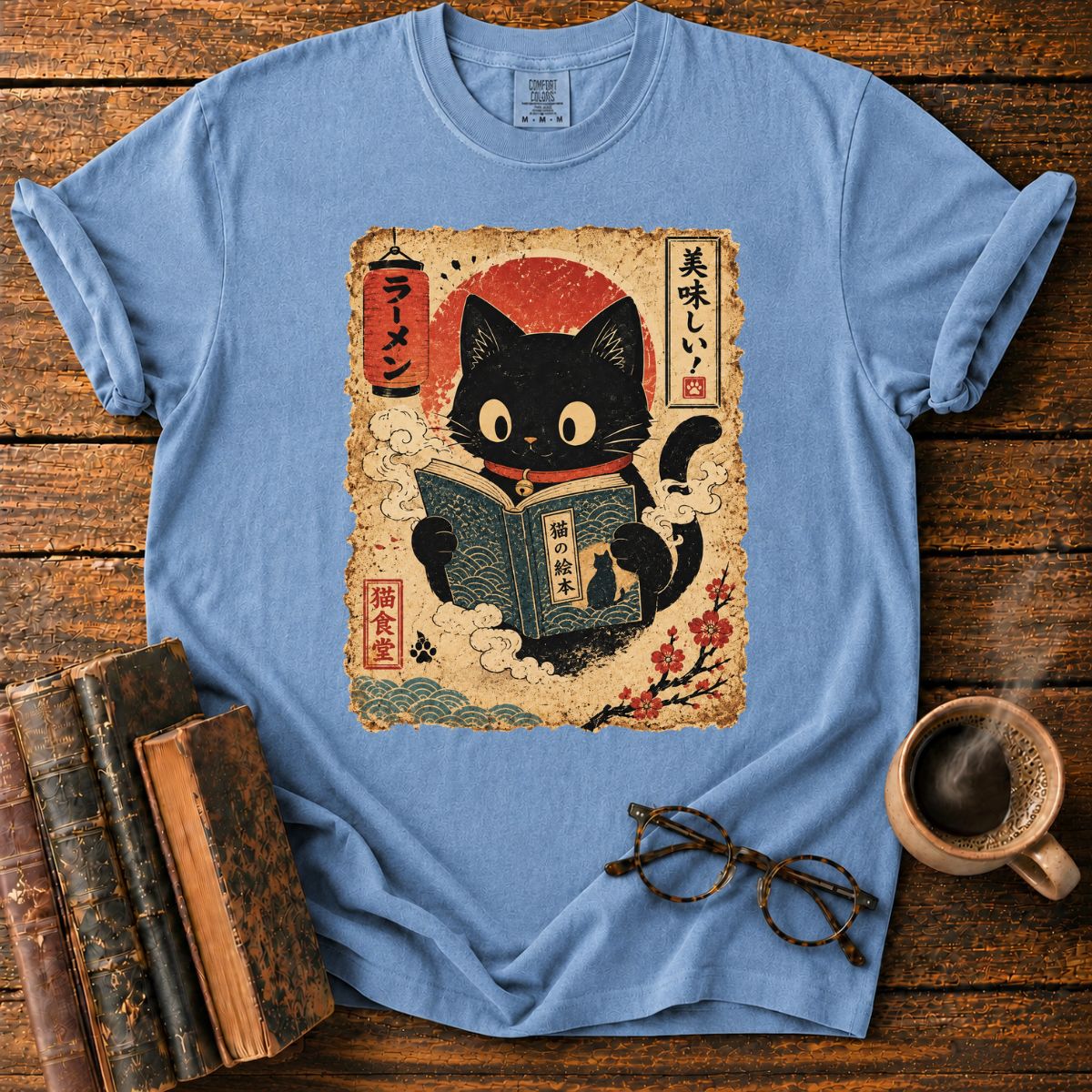 Kawaii Cat Reading Ukiyo T-Shirt