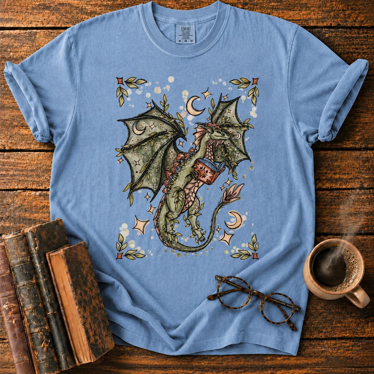 Whimsical Dragon Reading Among Stars T-Shirt