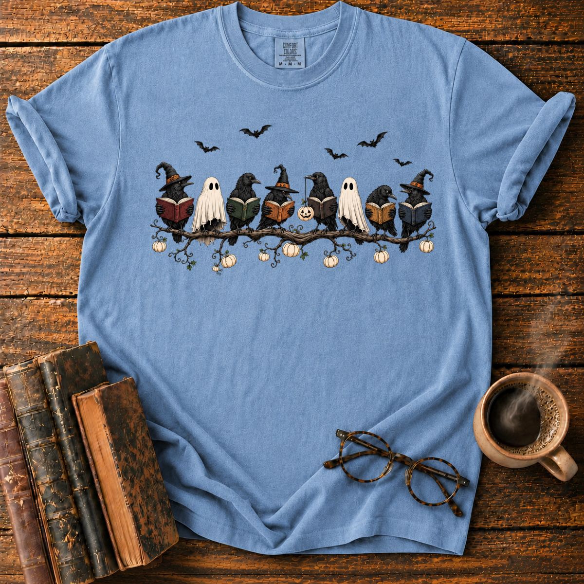 Ravens and Ghosts Reading on Halloween Branch T-Shirt