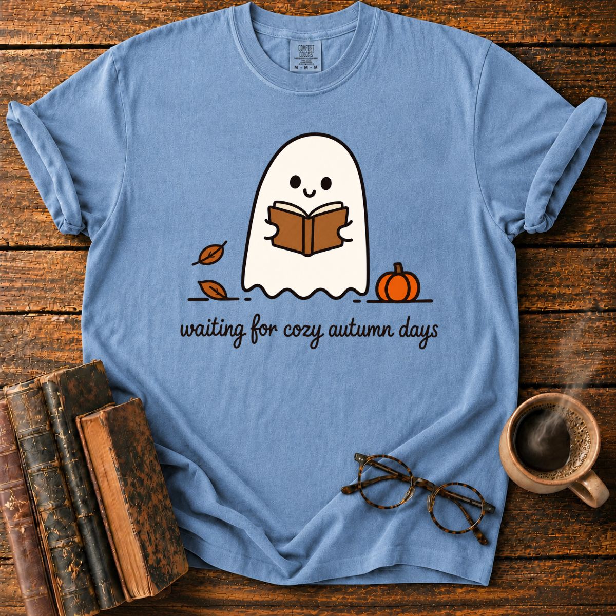Cozy Ghost Reading Among Autumn Leaves T-Shirt