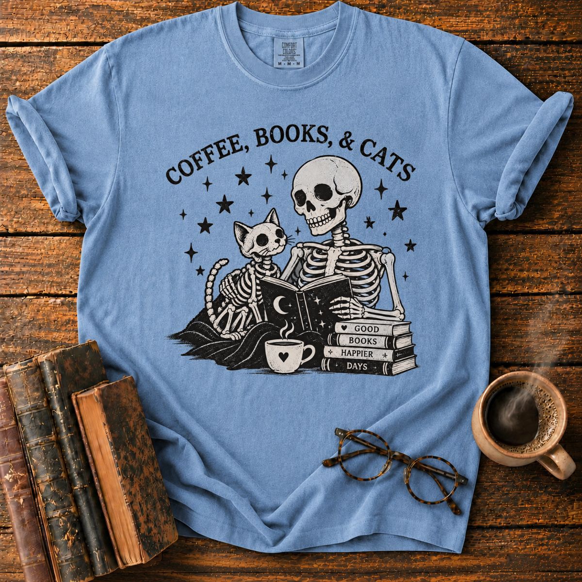 Coffee Books and Cats Skeleton T-Shirt
