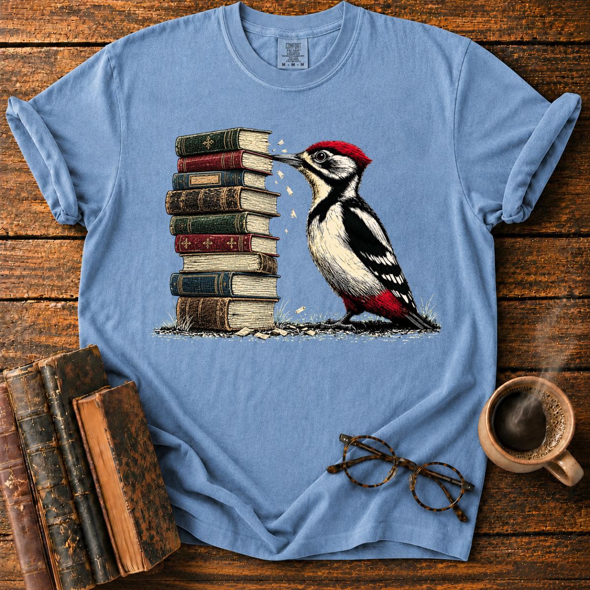 Woodpecker Pecks a Book Stack T-Shirt
