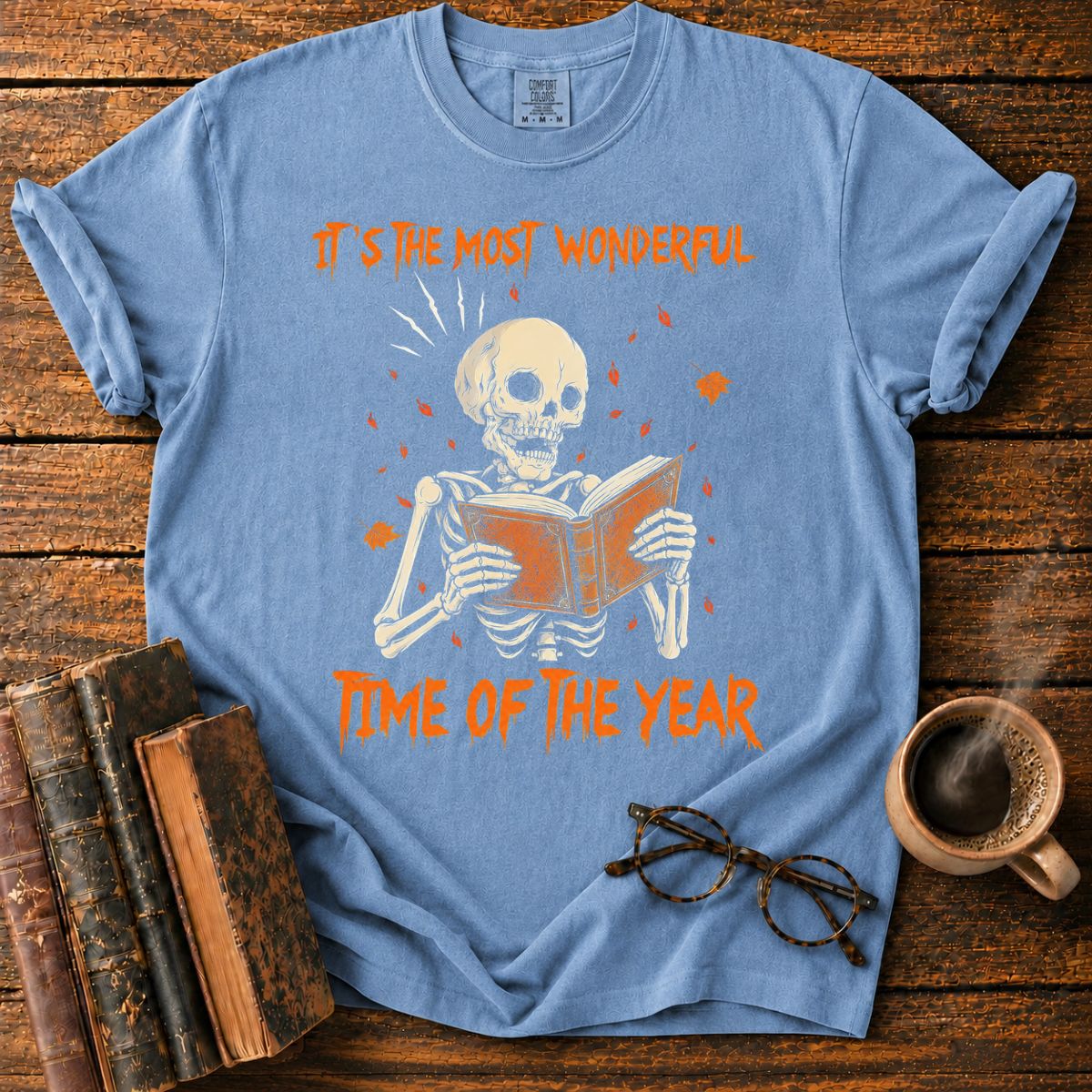 Skeleton Reading Beneath Autumn Leaves T-Shirt
