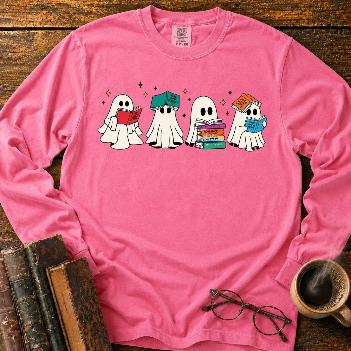 Cute Ghosts Reading Books LS T-Shirt