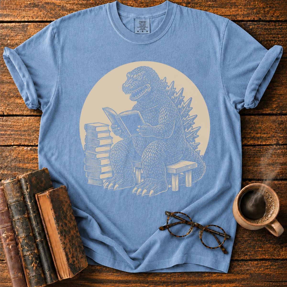 Kaiju Reading in Vintage Woodcut Style T-Shirt