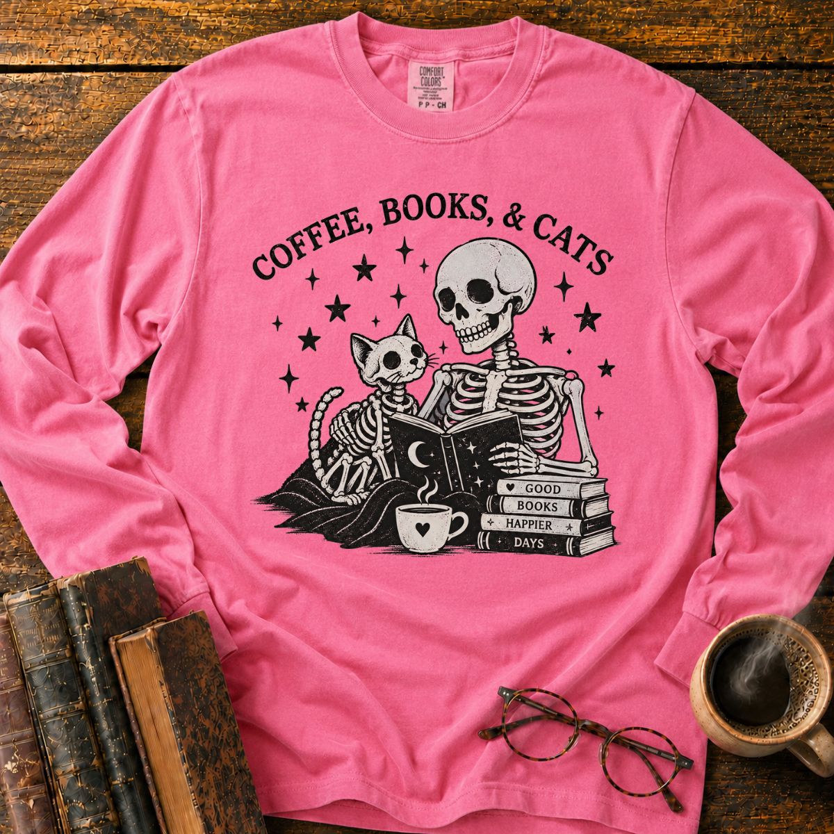 Coffee Books Cats LS T-Shirt