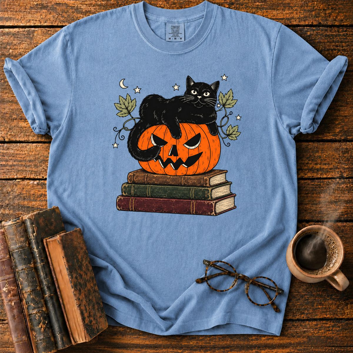 Black Cat, Pumpkin and Vintage Books T-Shirt