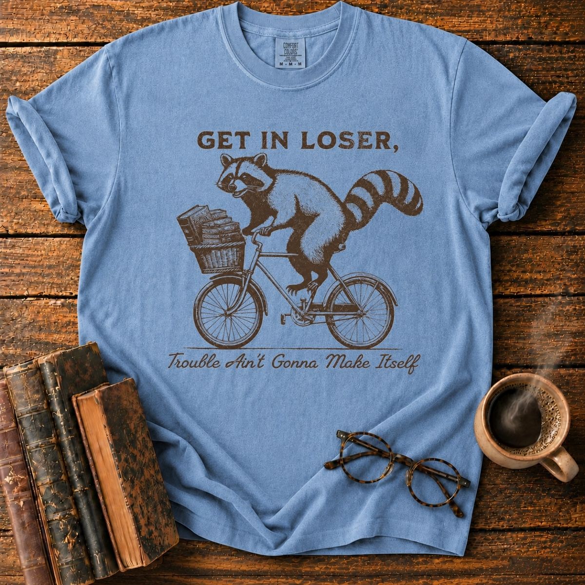 Raccoon’s Vintage Book Bike Ride T-Shirt