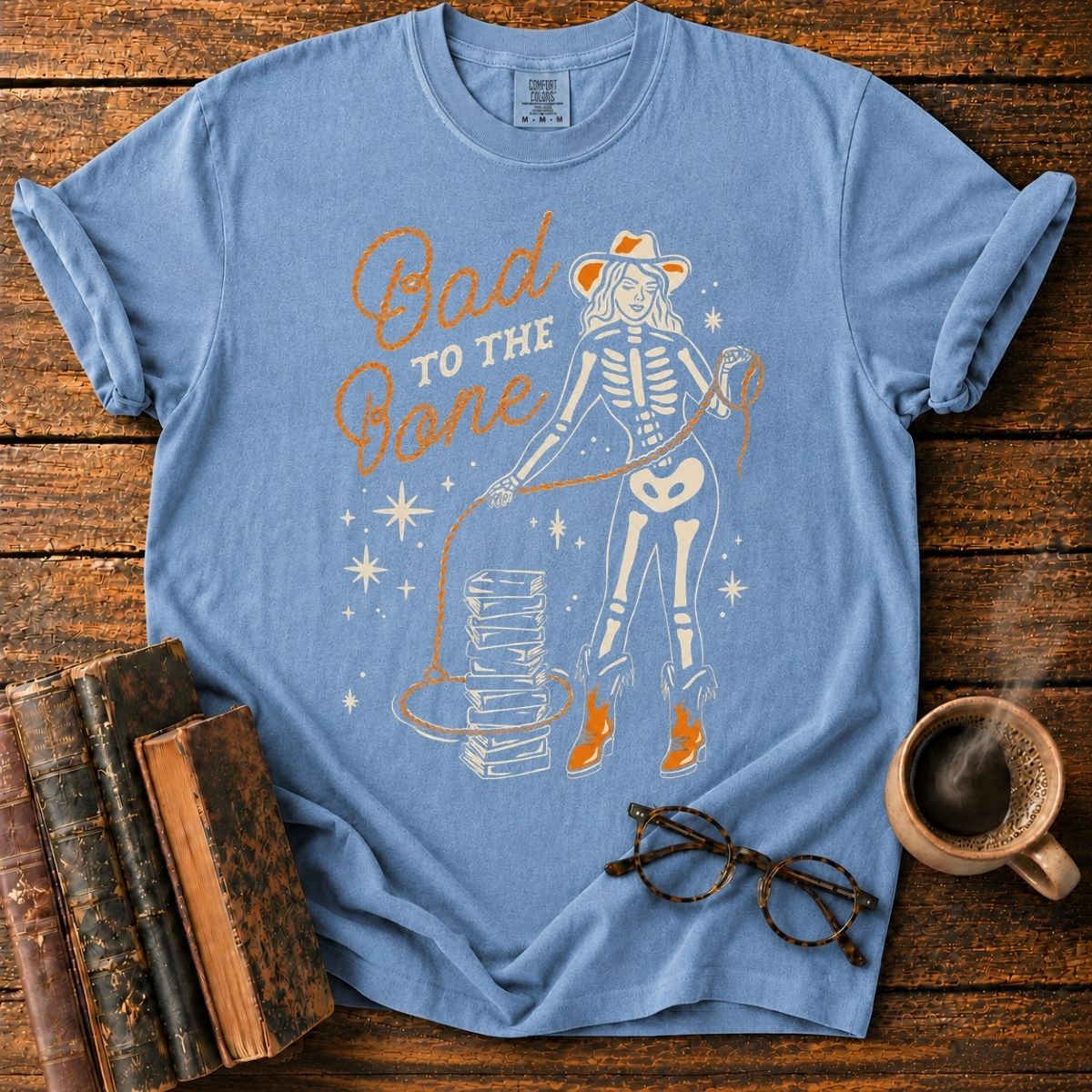 Retro Skeleton Cowgirl and Books T-Shirt