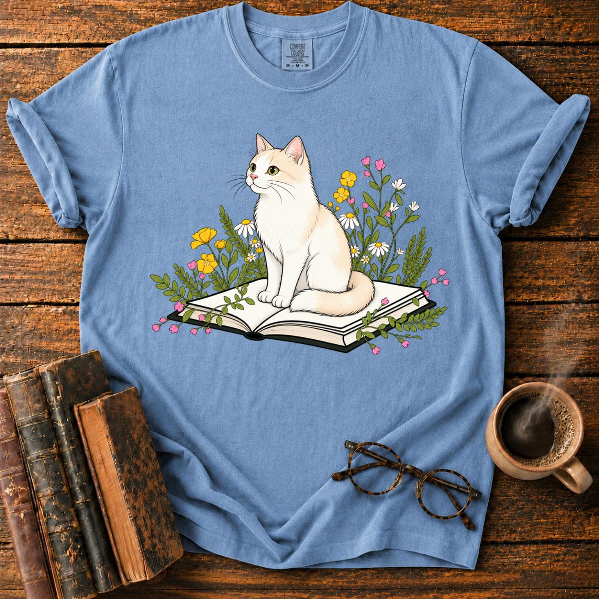 Cat Reading Among Flowers T-Shirt