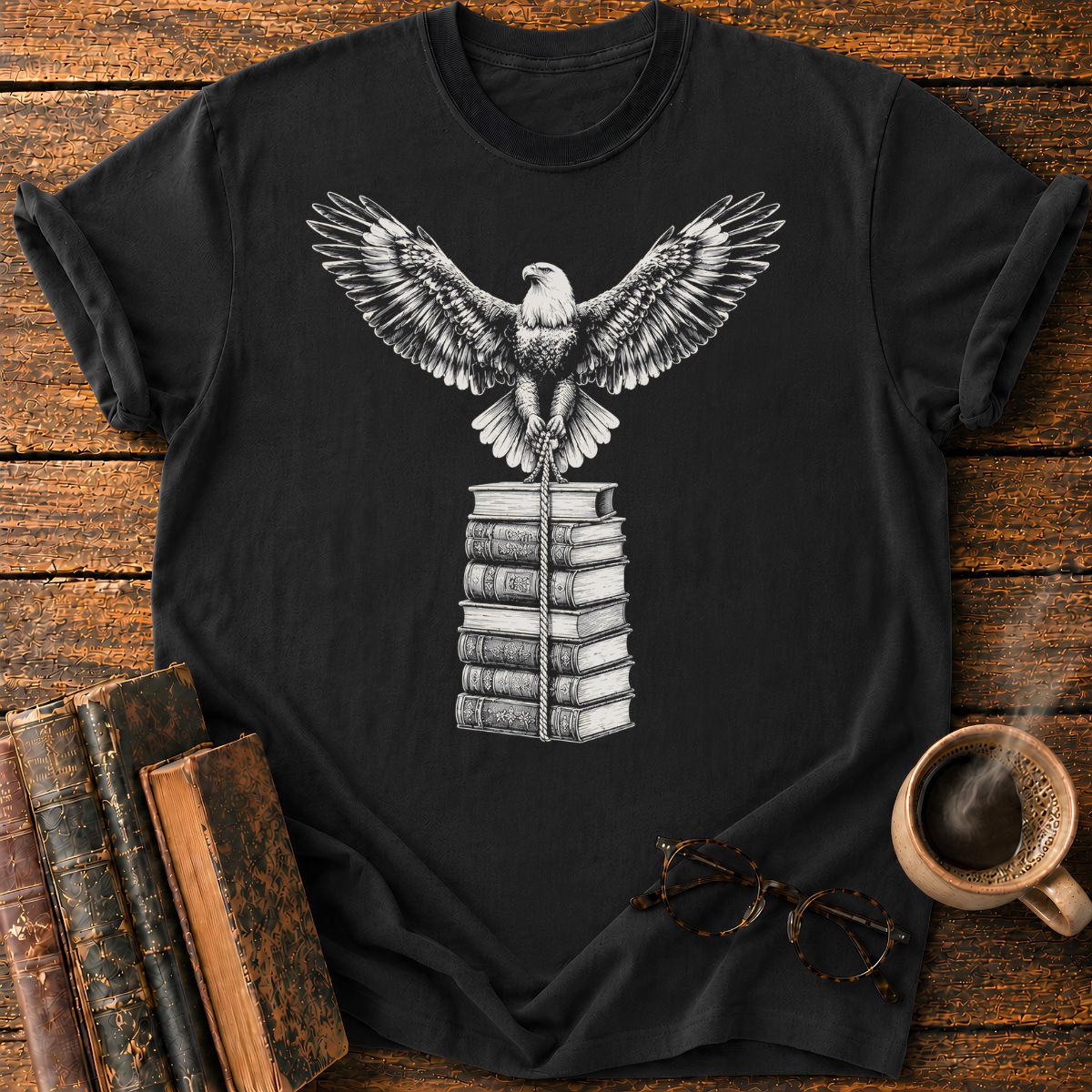 Engraved Eagle Over Bound Books T-Shirt