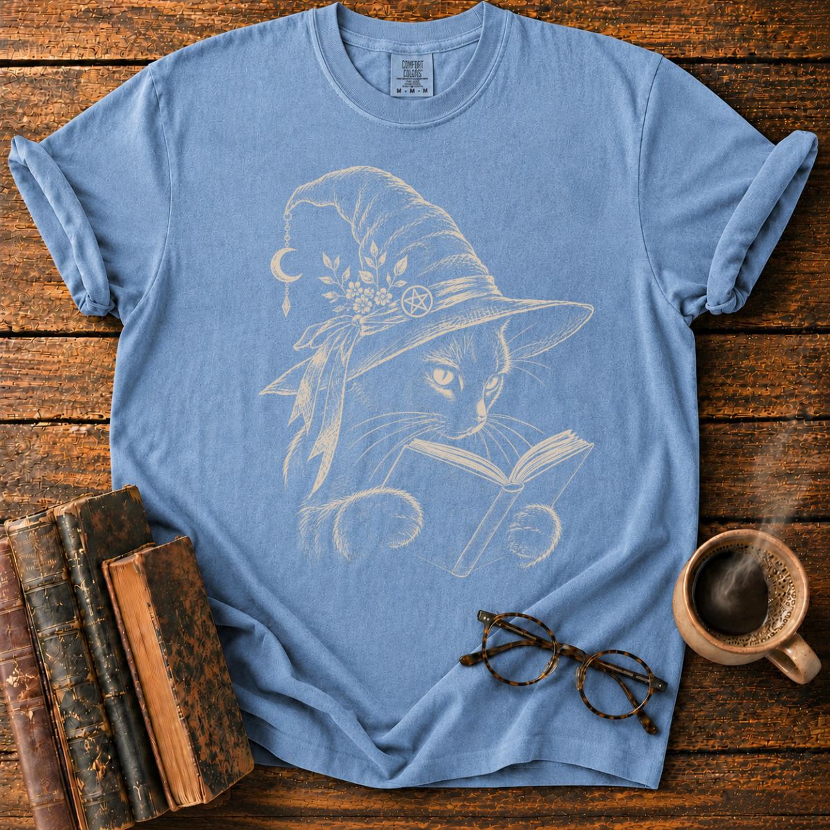 Witchy Cat Reading Under Moonlight T-Shirt