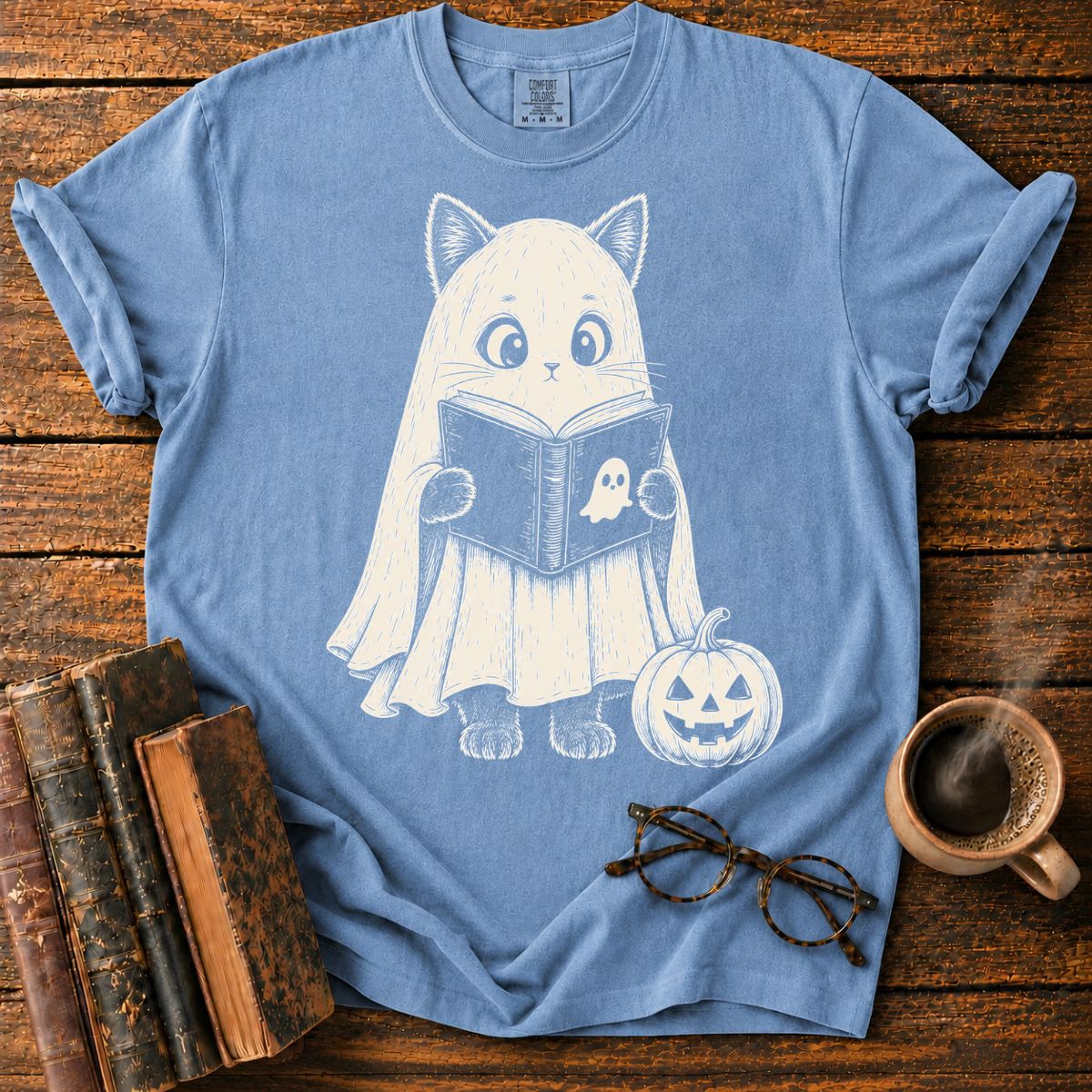 Ghost Cat Reading by Pumpkin T-Shirt
