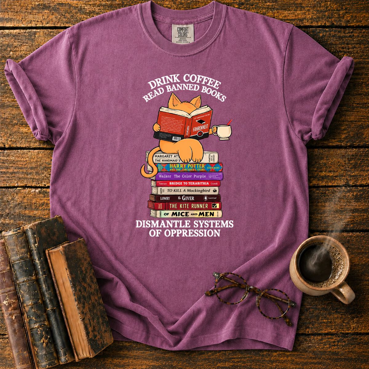 Cat Drink Coffee Read Banned Books T-Shirt