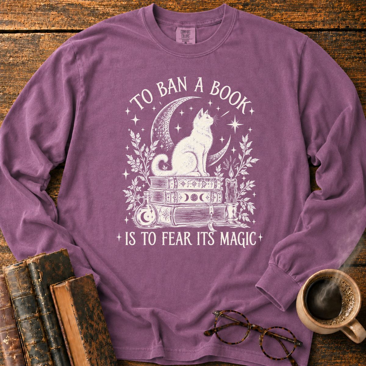 Mystical Cat and Book Magic LS T-Shirt