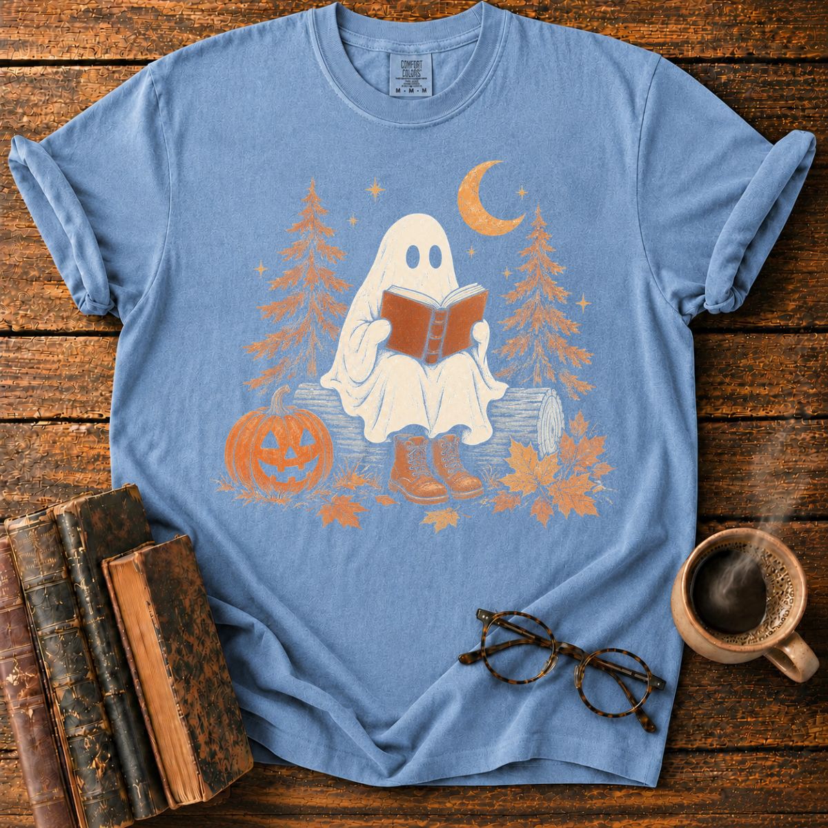 Cozy Ghost Reading Under the Moon T-Shirt