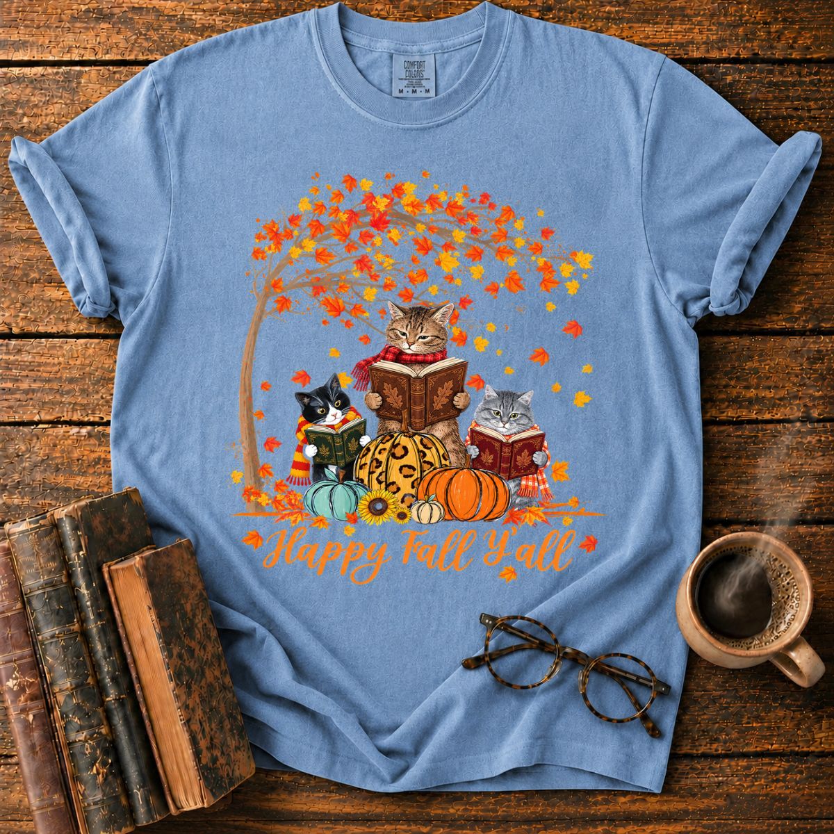 Three Cats Read with Autumn Books T-Shirt