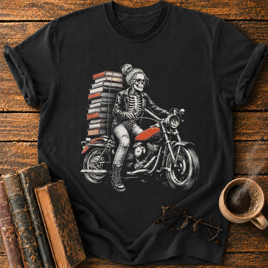 Skeletal Biker’s Tower of Books T-Shirt